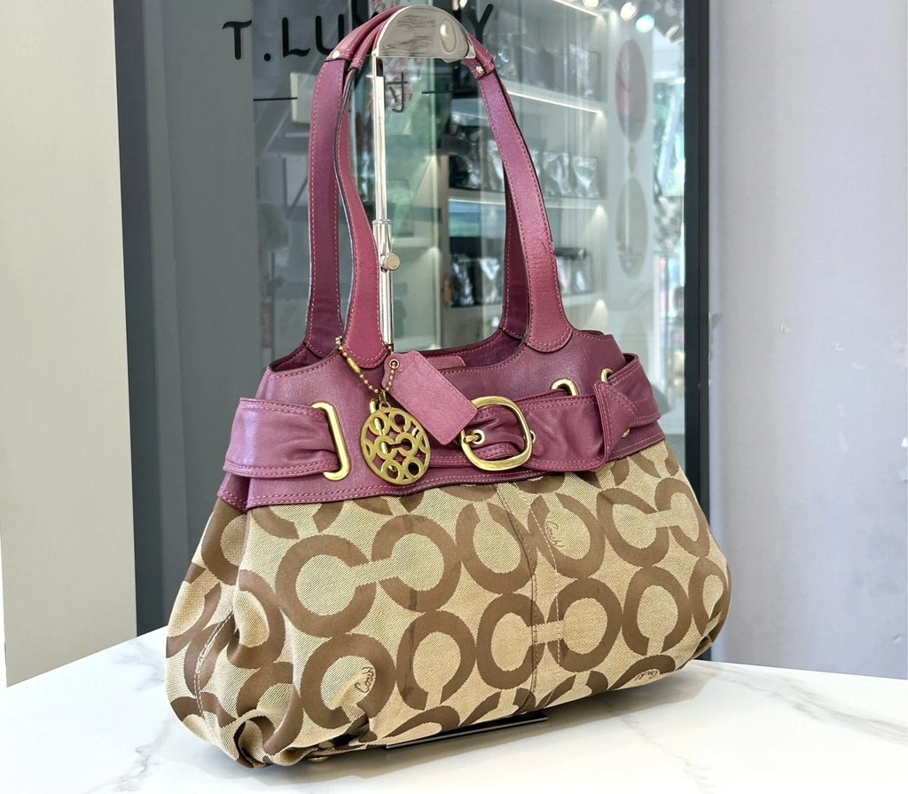 COACH Classic Print Purple Leather Cloud Shoulder Bag For Women
