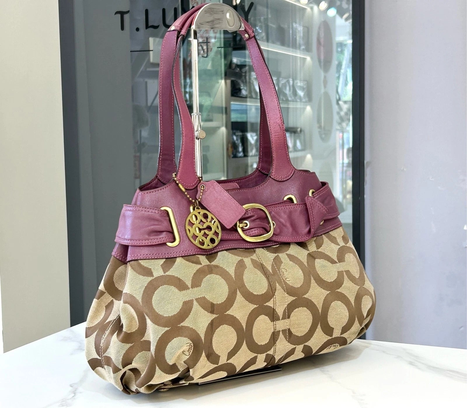COACH Classic Print Purple Leather Cloud Shoulder Bag For Women