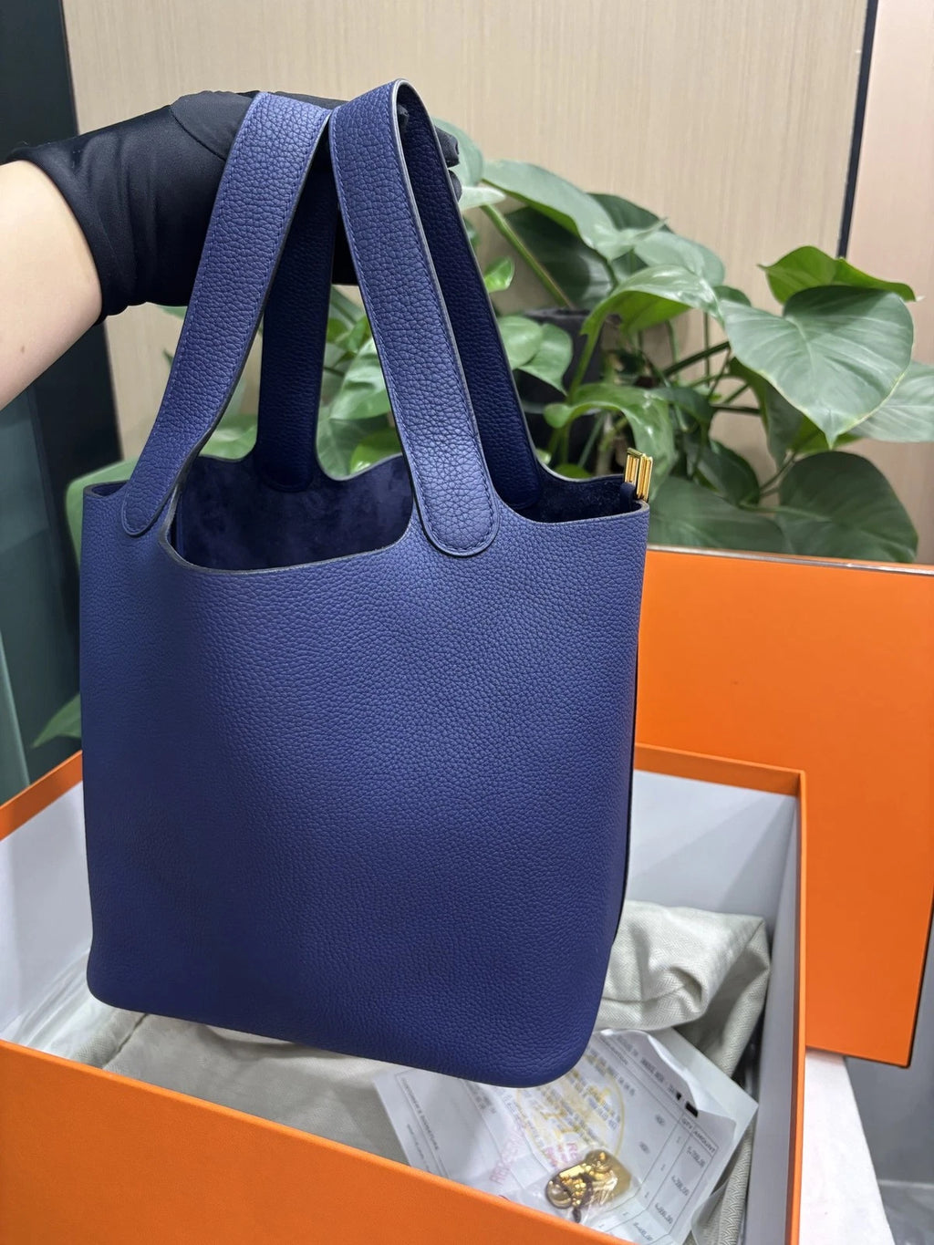 Hermes Picotion22 Bucket Top Handle Bag Blue Gold Used Women Classic