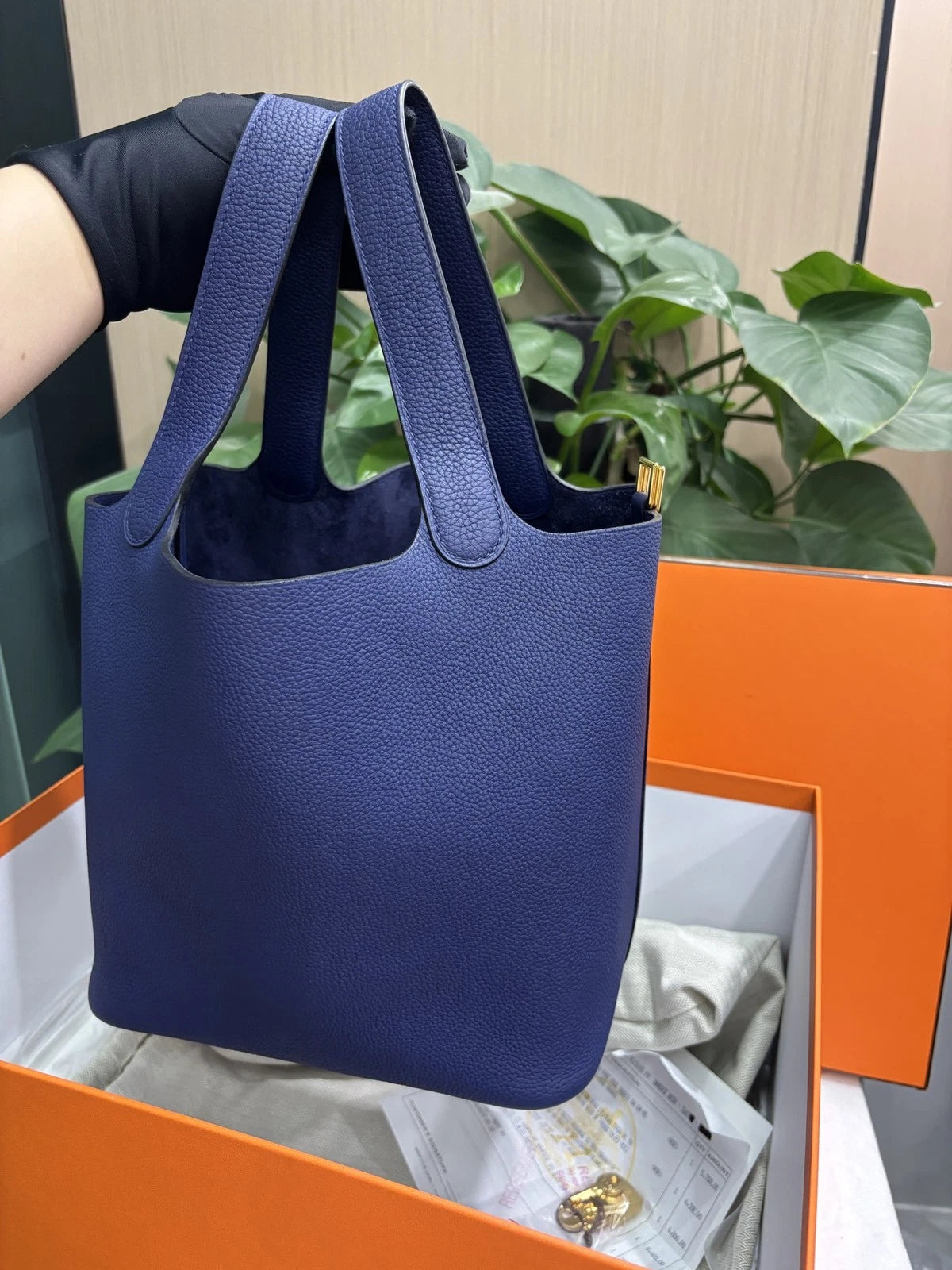 Hermes Picotion22 Bucket Top Handle Bag Blue Gold Used Women Classic