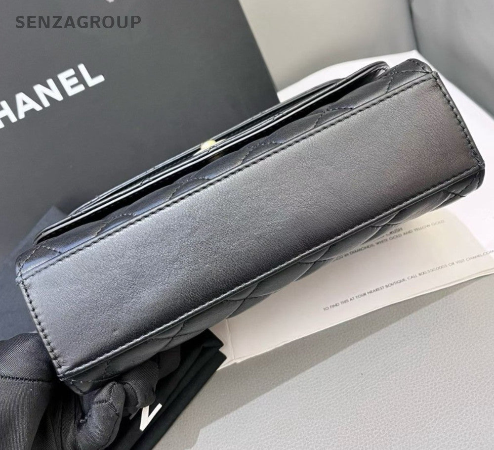 Chanel Calfskin PM Chain Shoulder Bag Black Gold Diamond Women Classic