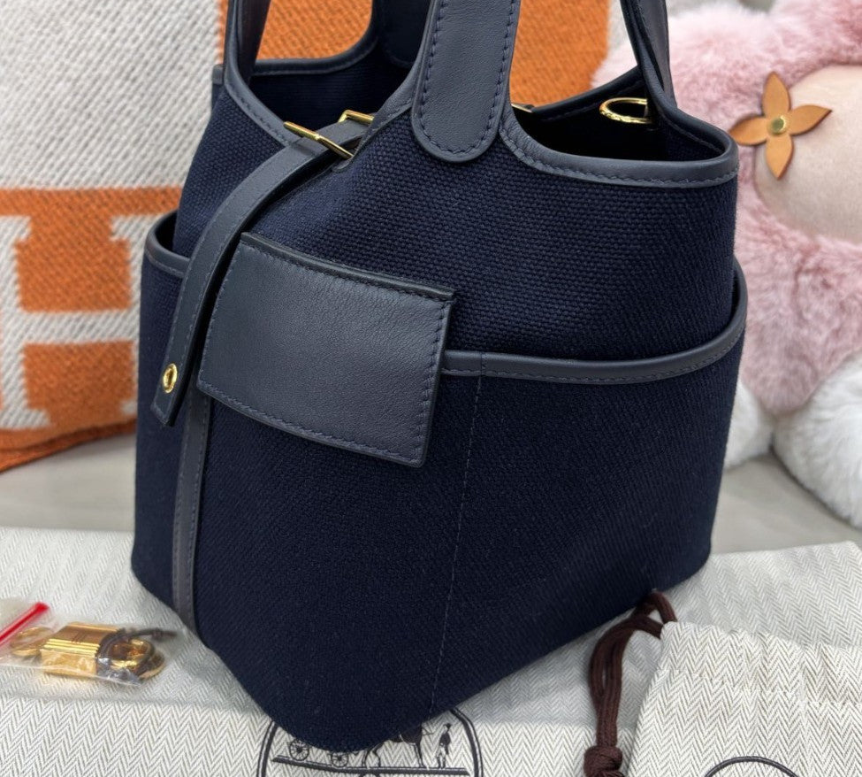 Hermes Cargo Picotin18 Top Handle Bag Blue Gold Used Women Classic Fashion