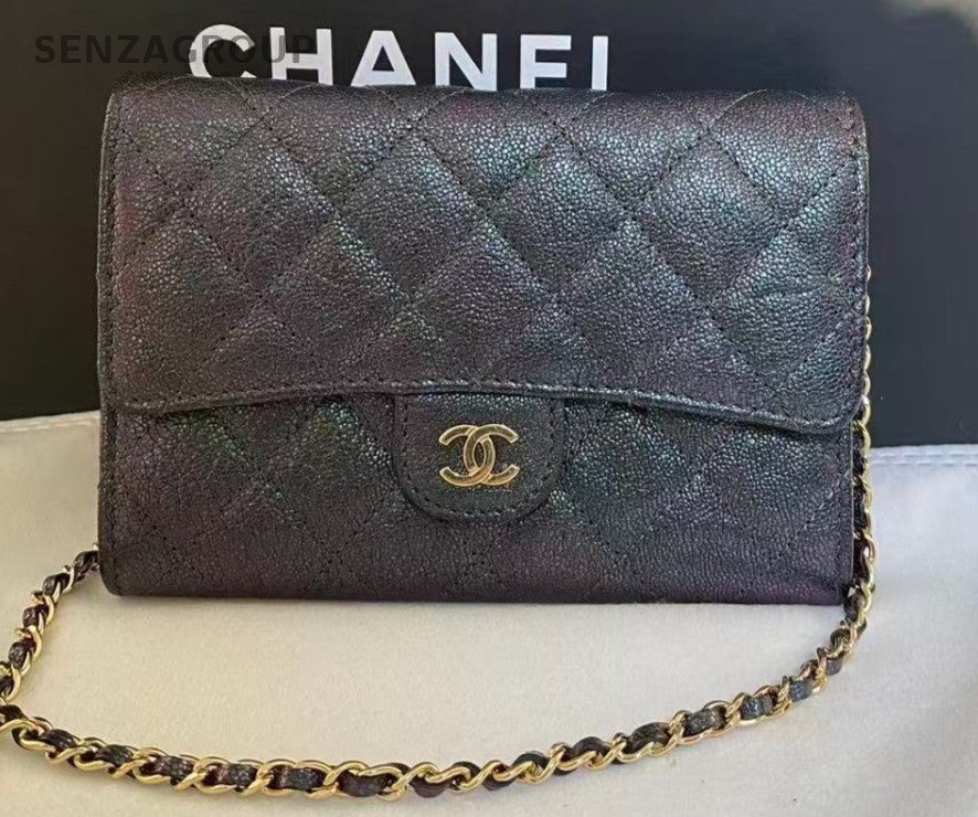 Chanel WOC Diamond Chain Shoulder Bag Black Gold Women Classic