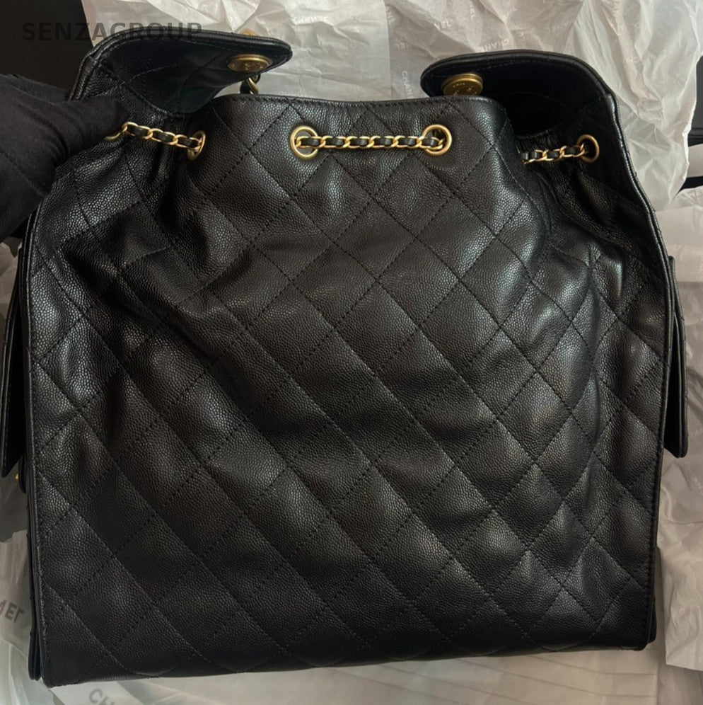Chanel 25 Calfskin MM Chain Shoulder Bag Black Gold Used Women Classic Designer