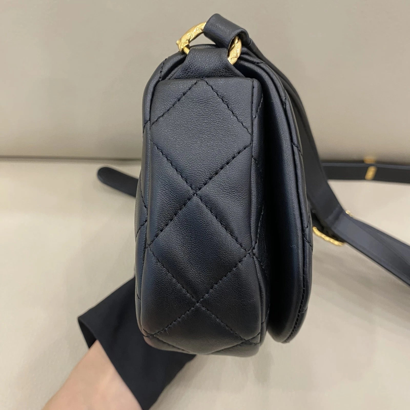 Chanel Saddle Lambskin Black Gold Shoulder Bag Excellent
