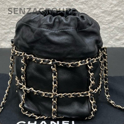 Chanel 21C Lambskin Chain Shoulder Bag Crossbody Black Gold Women Classic