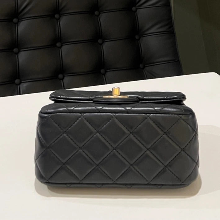 CHANEL Black Lambskin Gold Ball Mini Square Crossbody Bag For Women