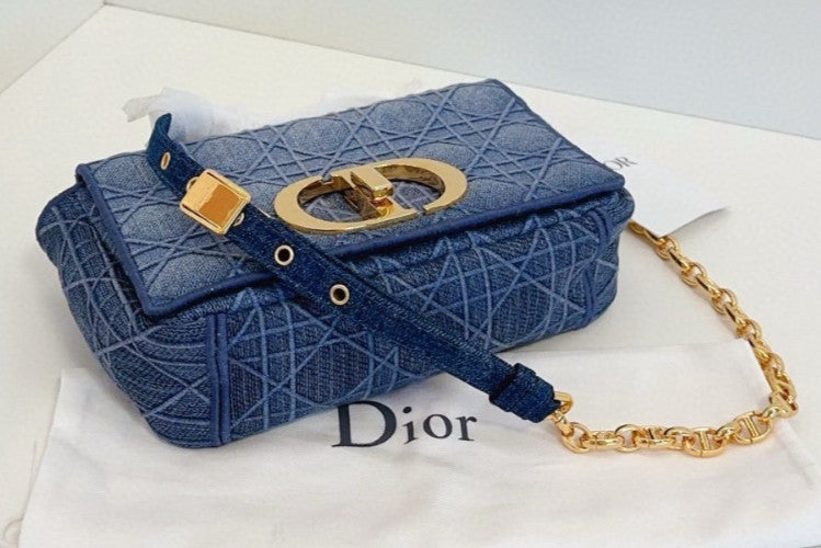 Christian Dior Caro PM Denim Wicker check pattern Chain Shoulder bag Blue Gold