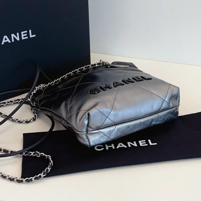 Chanel 22Bag Mini Chain Top Handle Shoulder Crossbody Black Silver Women Classic