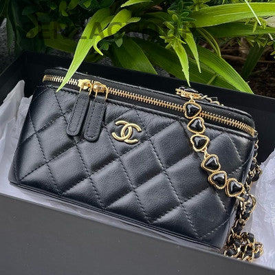 Chanel 24P Black Gold Heart Chain Long Box Makeup Bag Crossbody