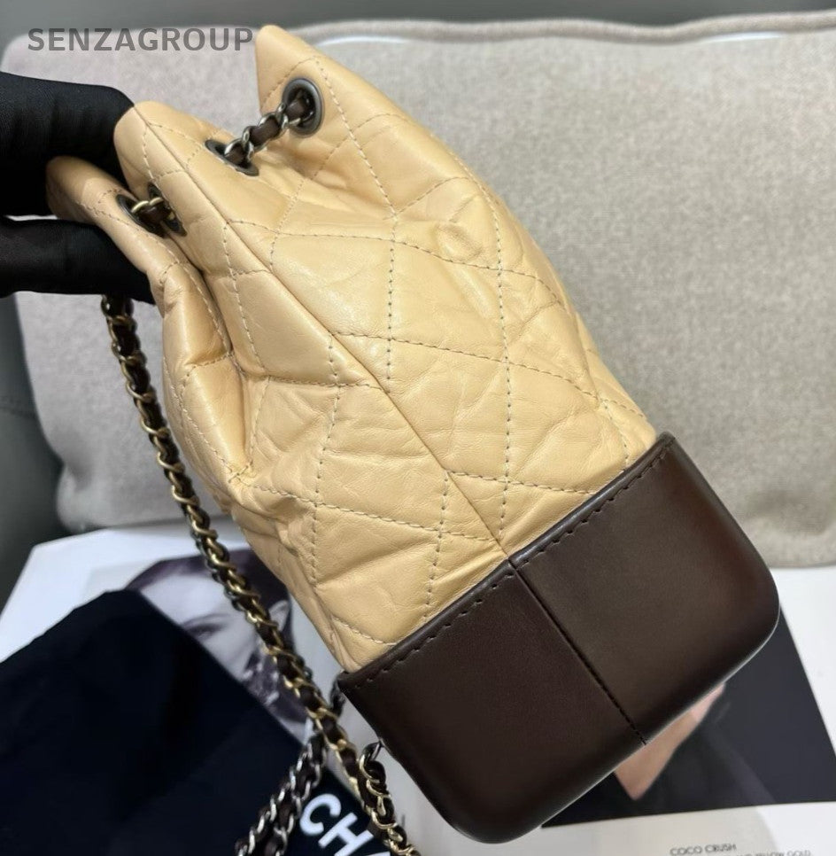 Chanel Diamond Gabrielle PM Chain Backpack Beige Brown Gold Women Classic