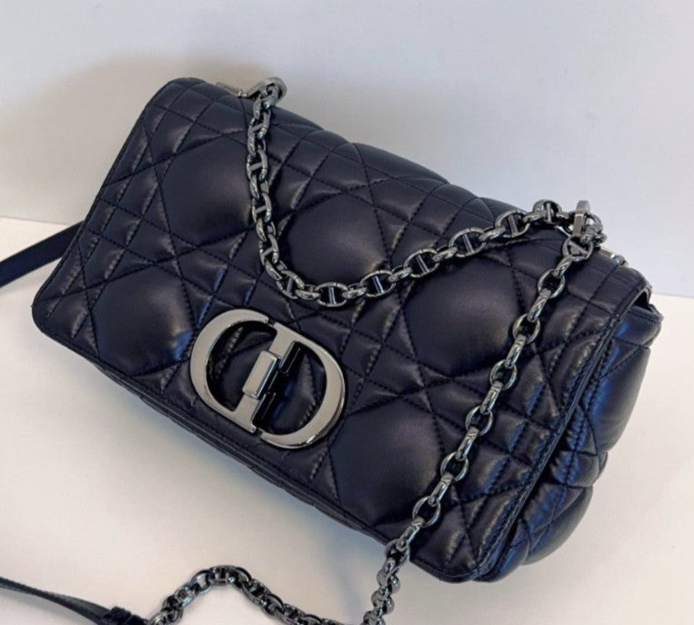 Christian Dior Caro MM Chain Shoulder Bag Crossbody Black Silver Women Classic