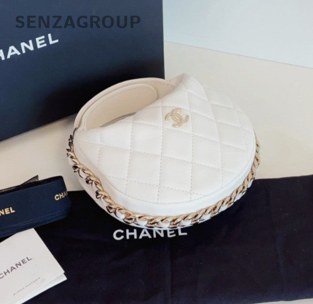 Chanel Pouch Hobo White Gold Top Handle Bag Used Women Classic