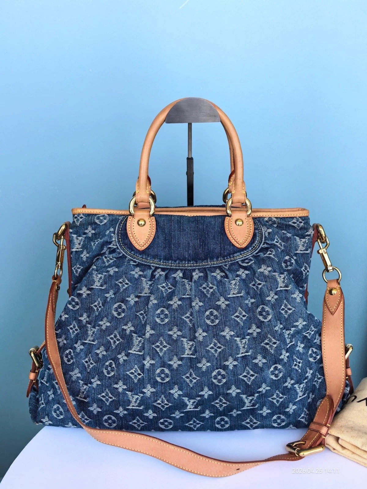 Louis Vuitton Cabby Denim Monogram Tote Top Handle Crossbody Bag Blue Women