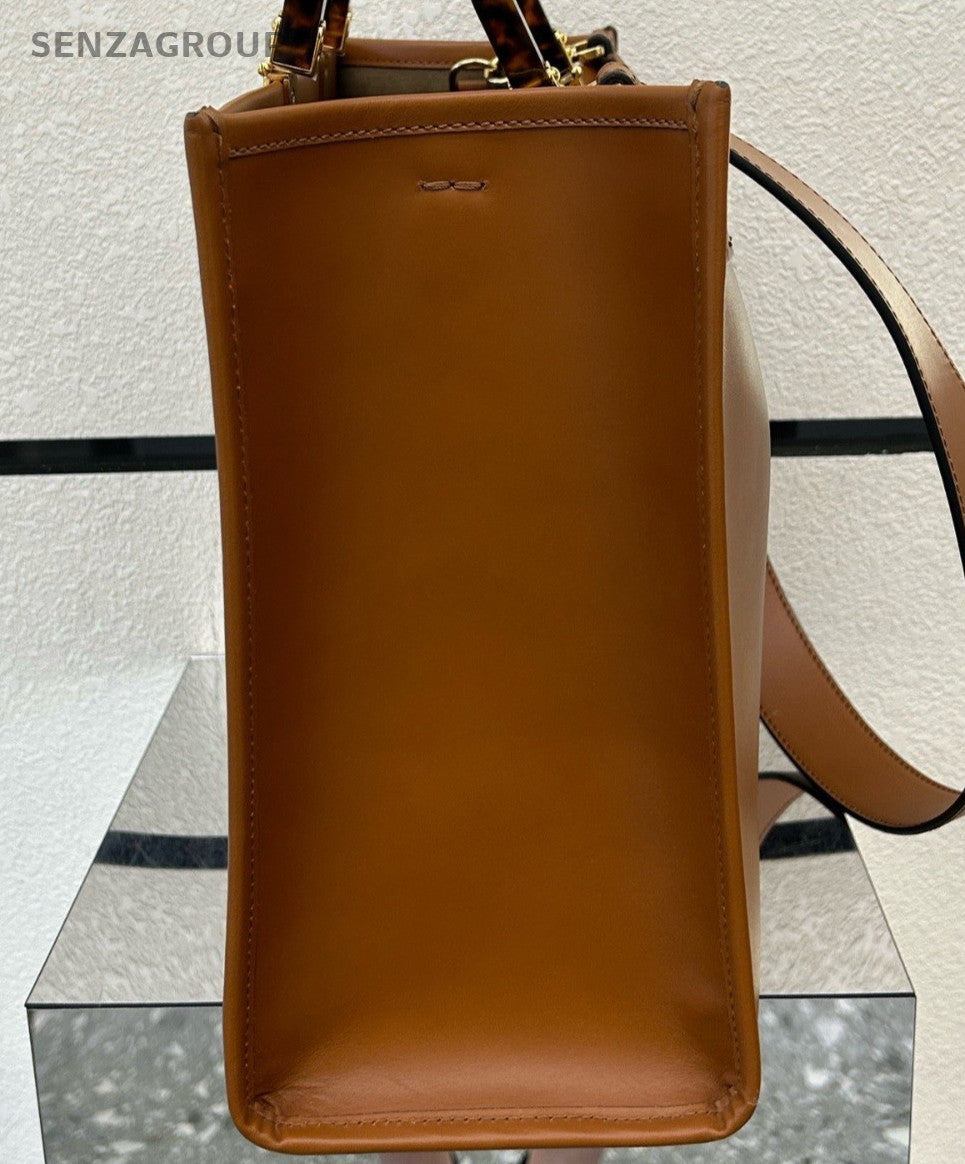 Fendi Sunshine Calfskin Tote Handbag Crossbody Brown Gold Women Classic Designer