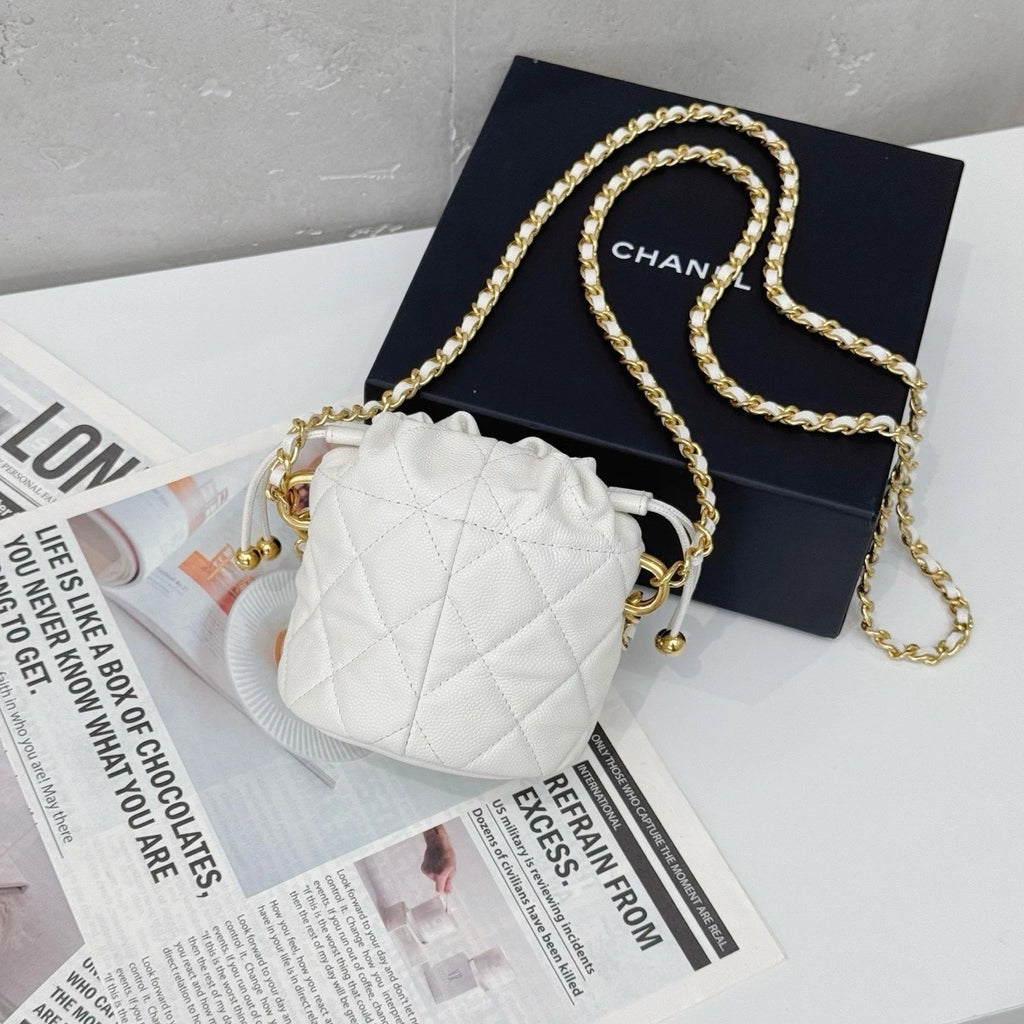 CHANEL White Mini Leather Bucket Crossbody Bag For Women
