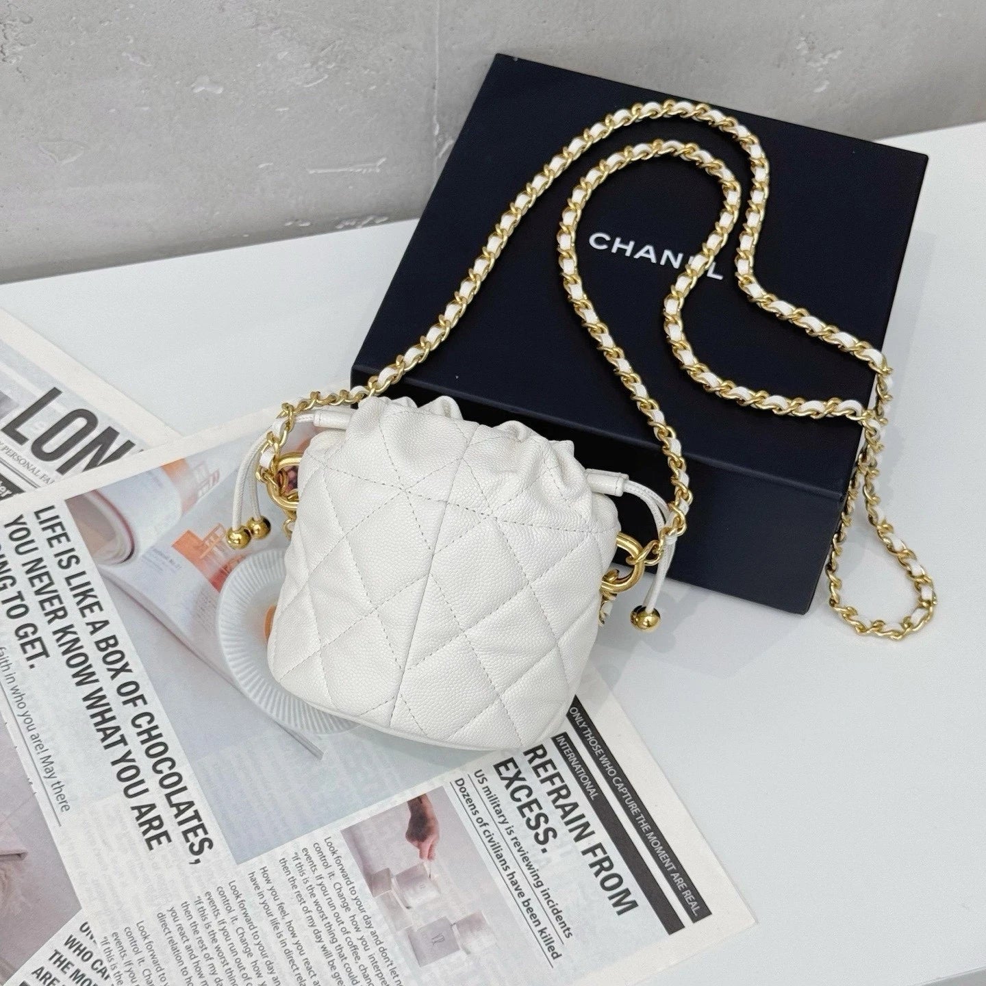 CHANEL White Mini Leather Bucket Crossbody Bag For Women