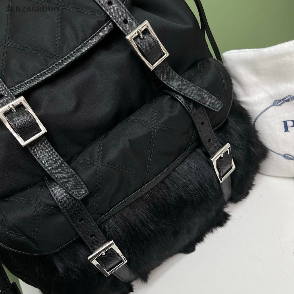Prada Quilted Faux Fur Backpack Black Silver Unisex Adults Classic