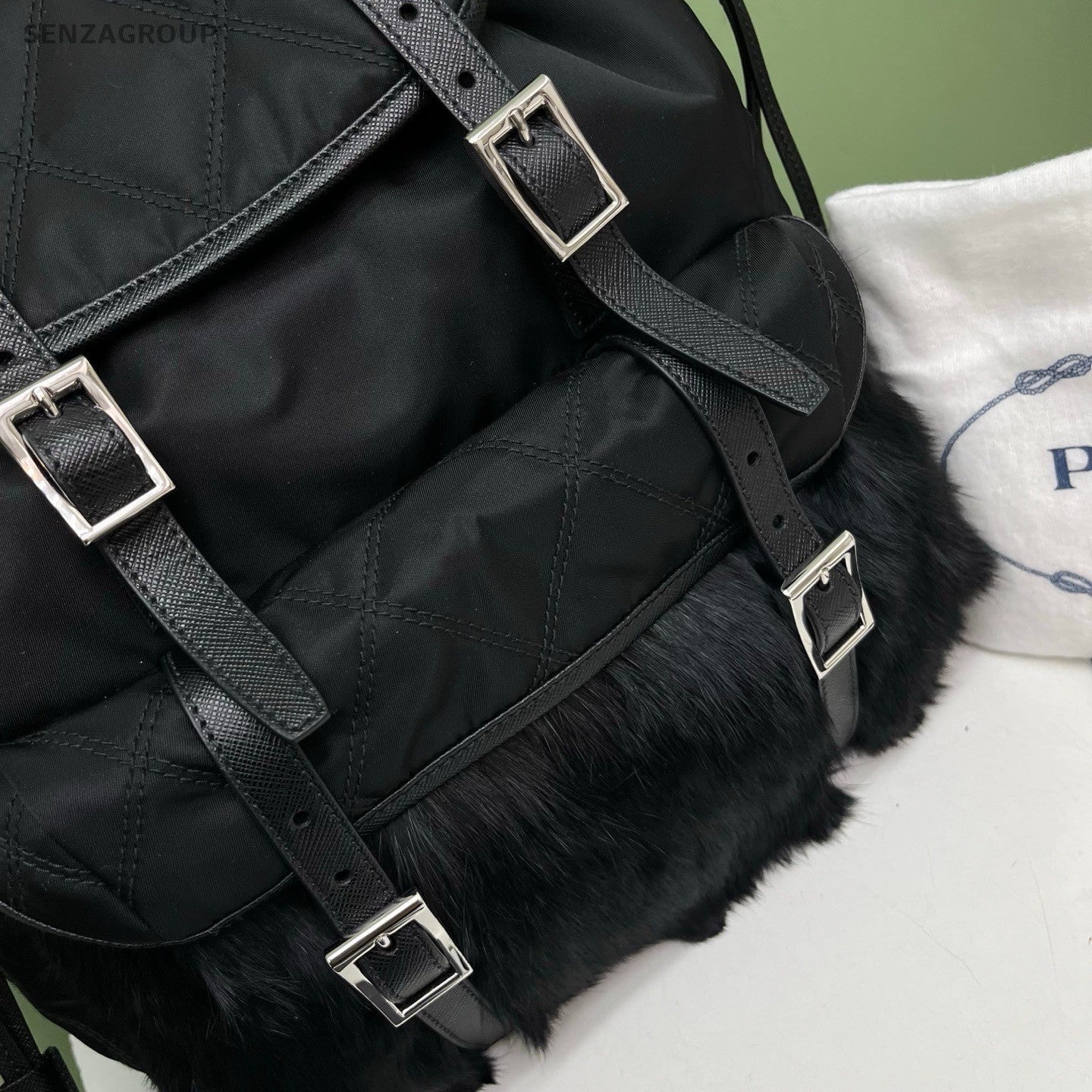 Prada Quilted Faux Fur Backpack Black Silver Unisex Adults Classic