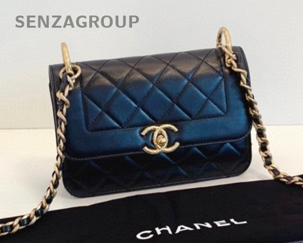 Chanel Classic Flap PM Calfskin Chain Shoulder Bag Crossbody Black Gold Women