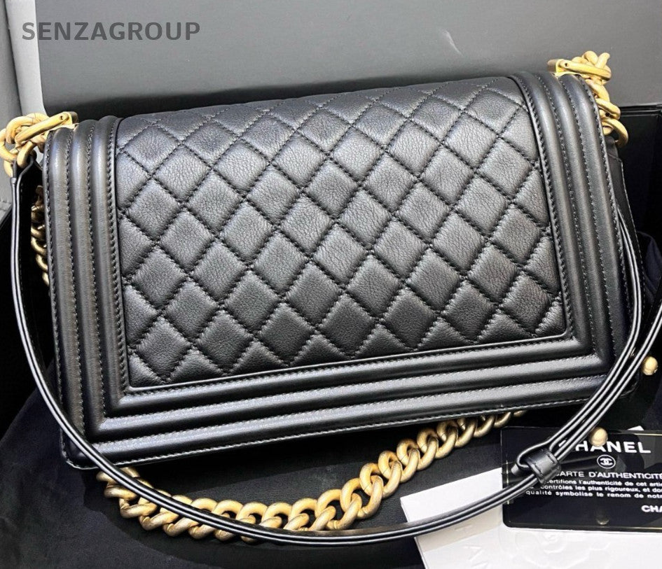 Chanel Leboy MM Chain Calfskin Crossbody Shoulder Bag Diamond Black Gold Women