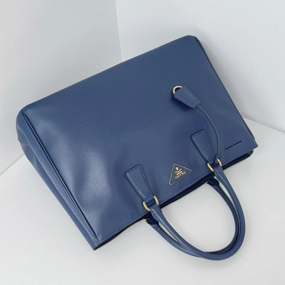 Authentic Prada Galleria Calfskin GM Blue Tote Handbag Gold Hardware