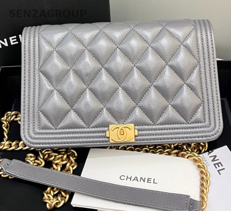 Chanel LEBOY WOC Diamond Chain Shoulder Bag Gray Gold Women Classic Designer