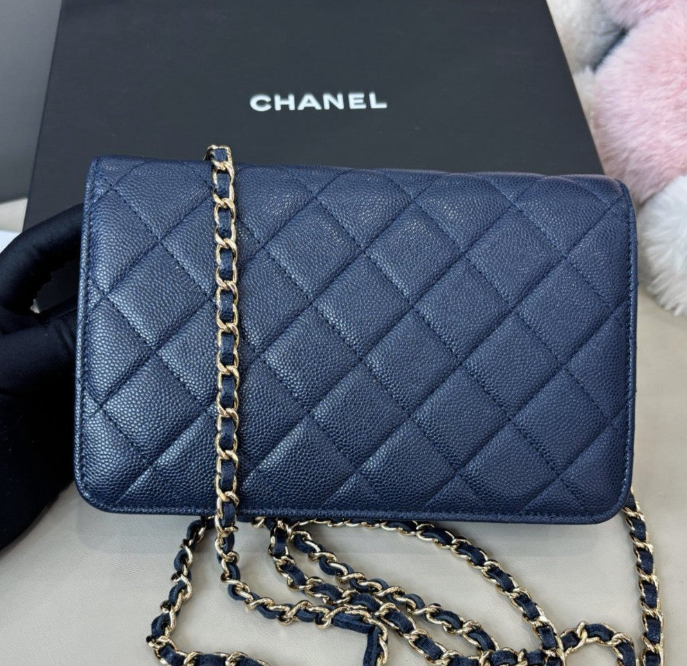 Chanel WOC Calfskin Chain Shoulder Bag Crossbody Blue Silver Women Classic