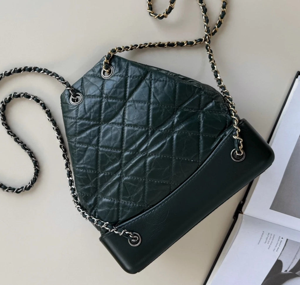 Chanel Gabrielle PM Chain Calfskin Backpack Green Gold Diamond Women Classic