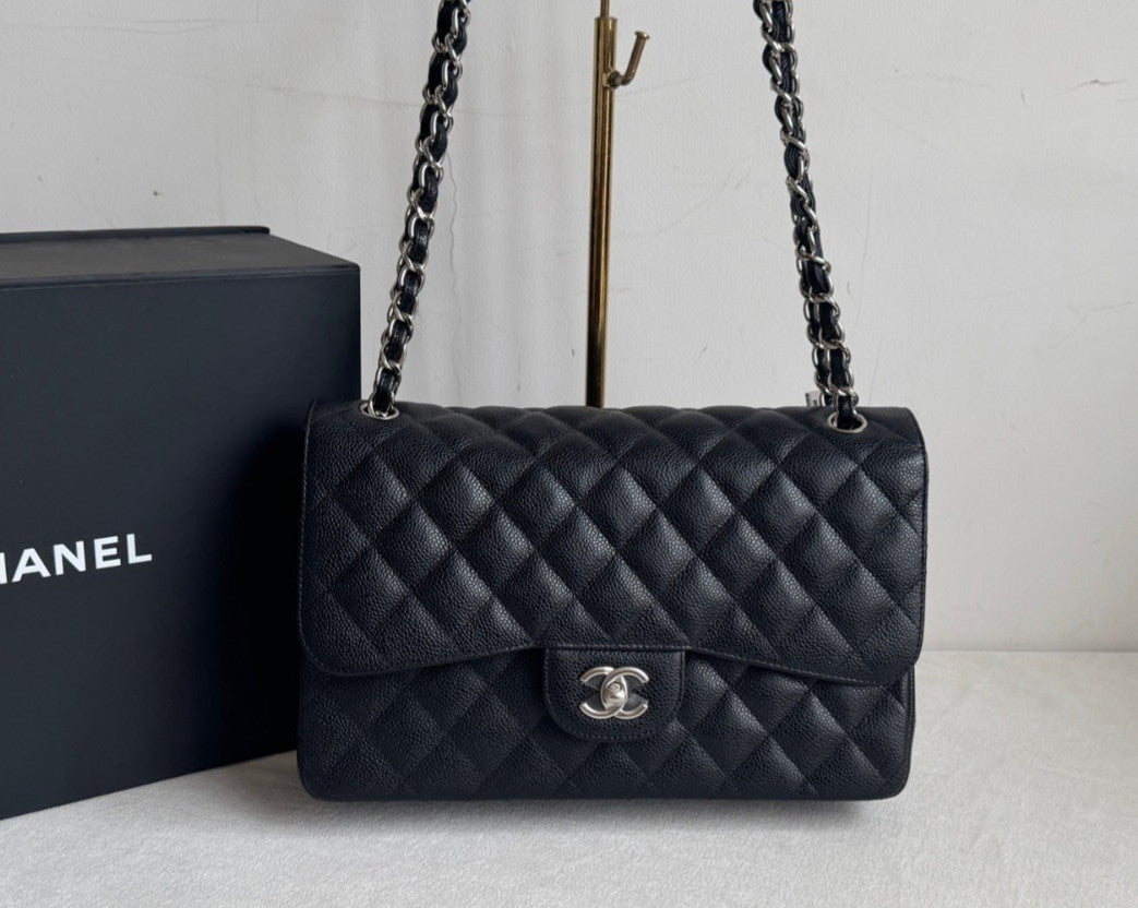 Chanel Classic Flap Jumbo Chain Shoulder Bag Crossbody Black Silver Women