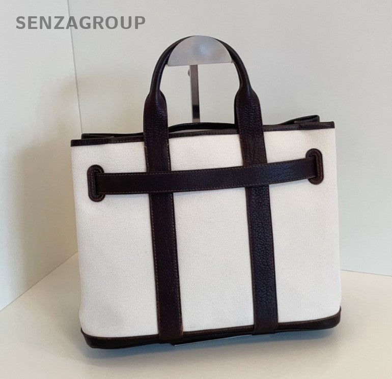Hermes Petite GP30 Tote Top Handle Canvas Handbag White ebony black Women