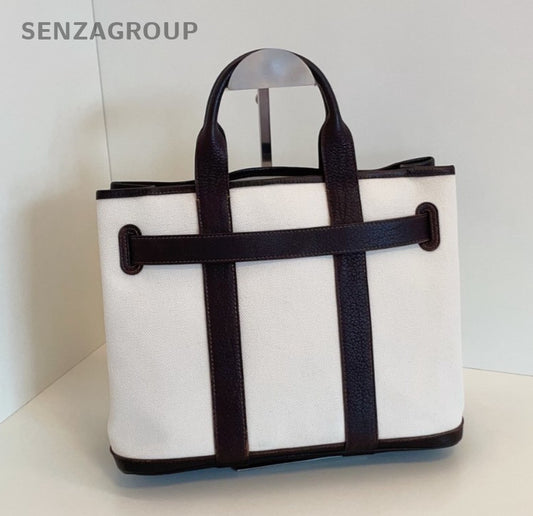 Hermes Petite GP30 Tote Top Handle Canvas Handbag White ebony black Women