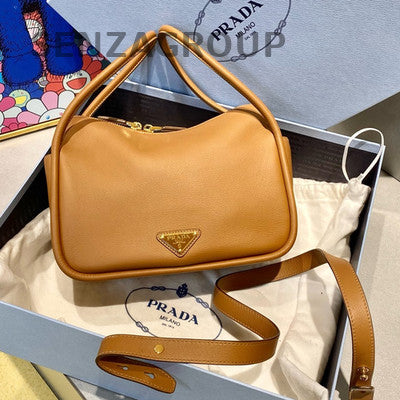Prada Soft Grain Leather Brown Handbag Shoulder Bag Classic Logo