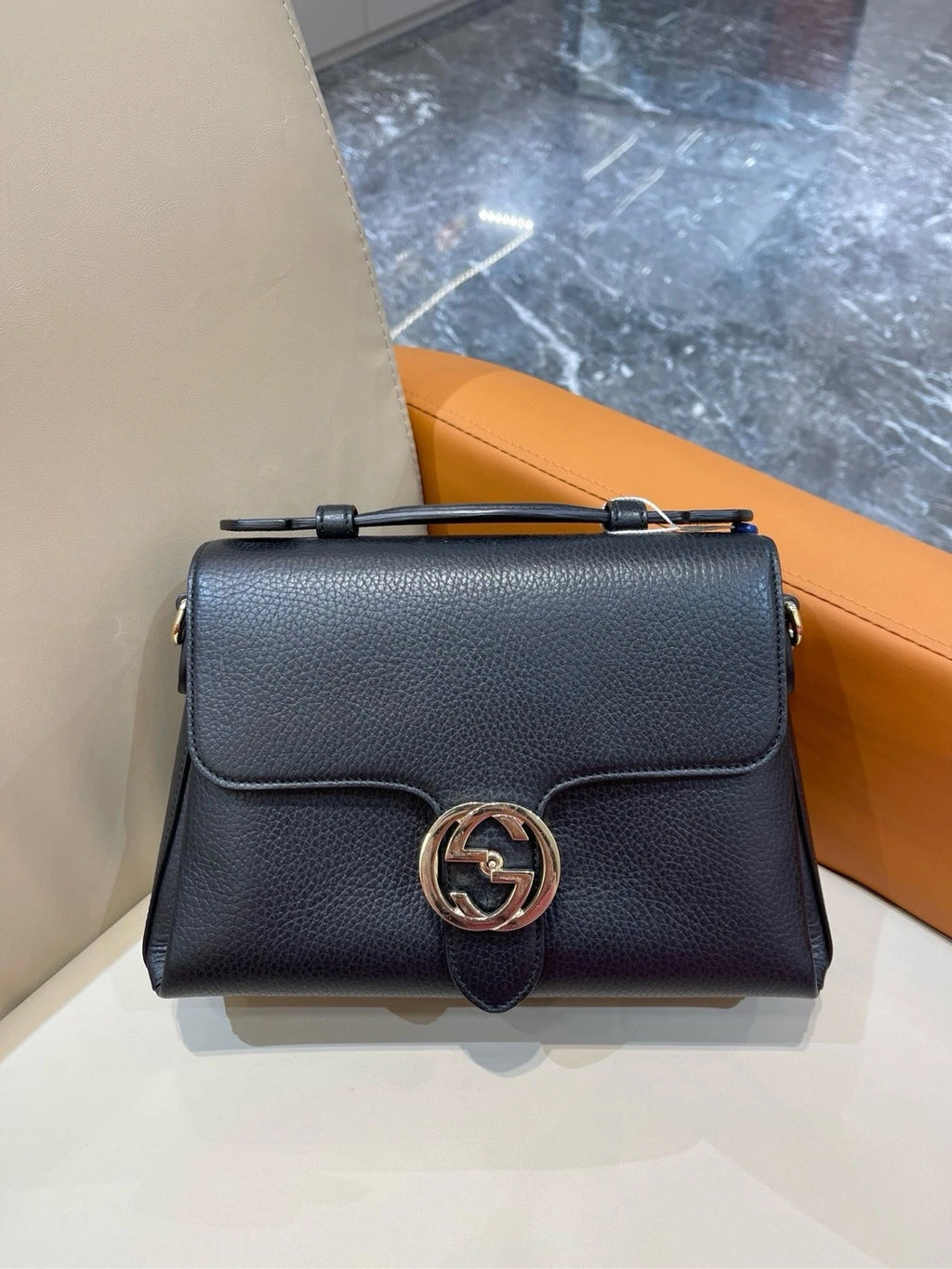 GUCCI Interlocking Black Calfskin Small Accordion Bag For Women