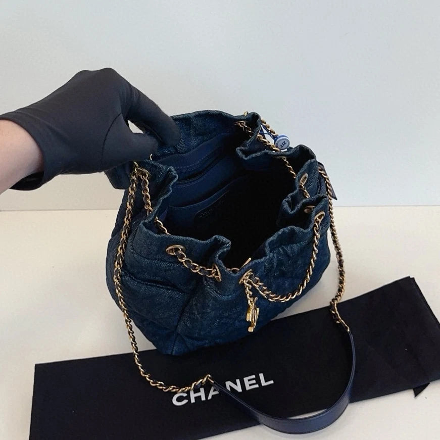 Chanel Denim Bucket Chain Shoulder Crossbody Blue Gold Diamond Women Classic