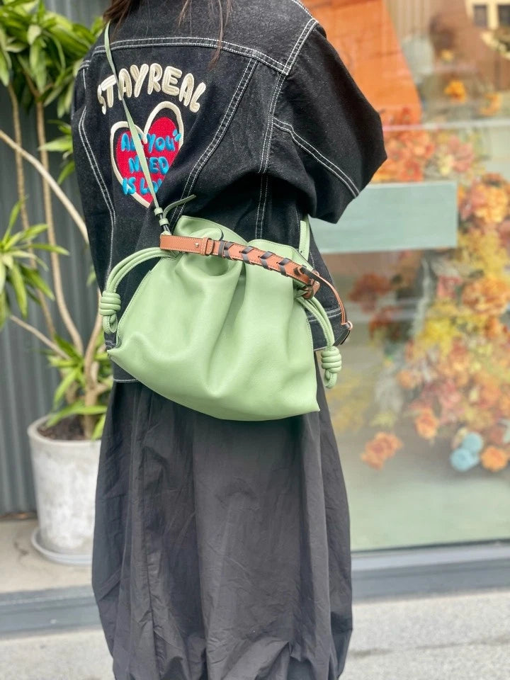 LOEWE Medium Flamenco Leather Bucket Bag Green For Women