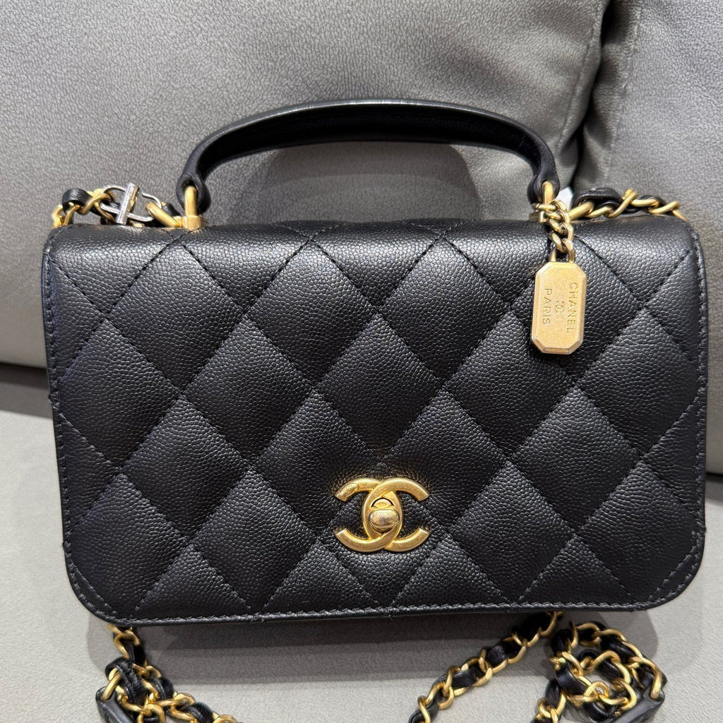 Chanel 23B Black Gold Quilted Classic Flap Bag Chain Shoulder Tote