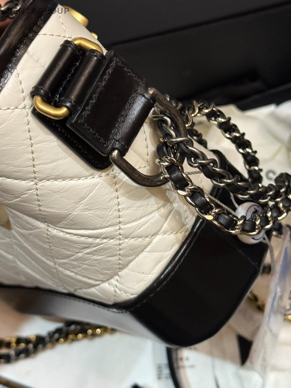 Chanel Gabrielle PM Chain Shoulder Bag Black White Gold Diamond Women Classic