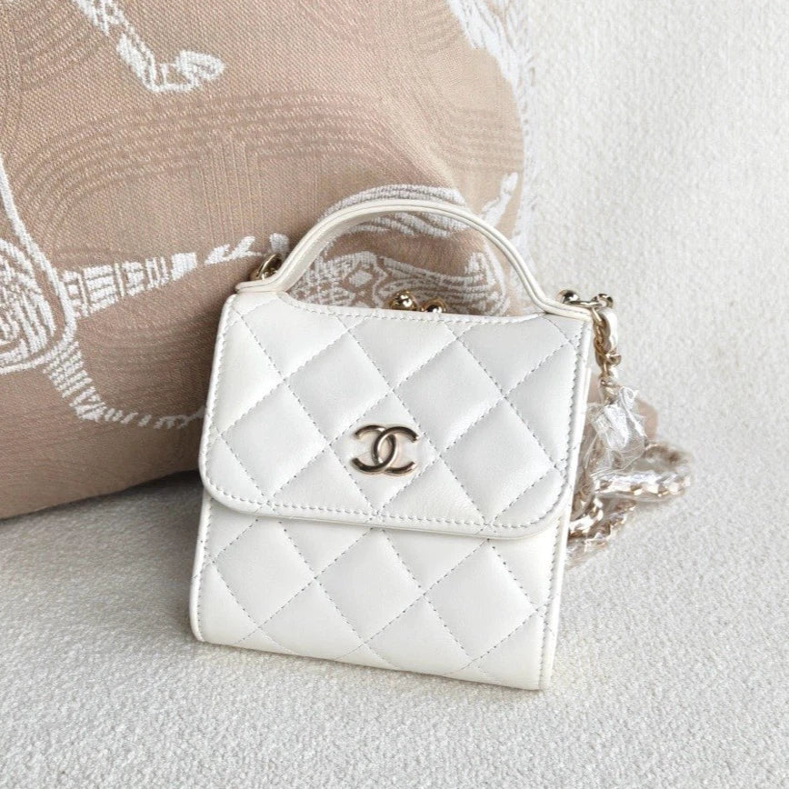 Chanel Lambskin Diamond Top Handle Chain Crossbody White Gold Women Classic