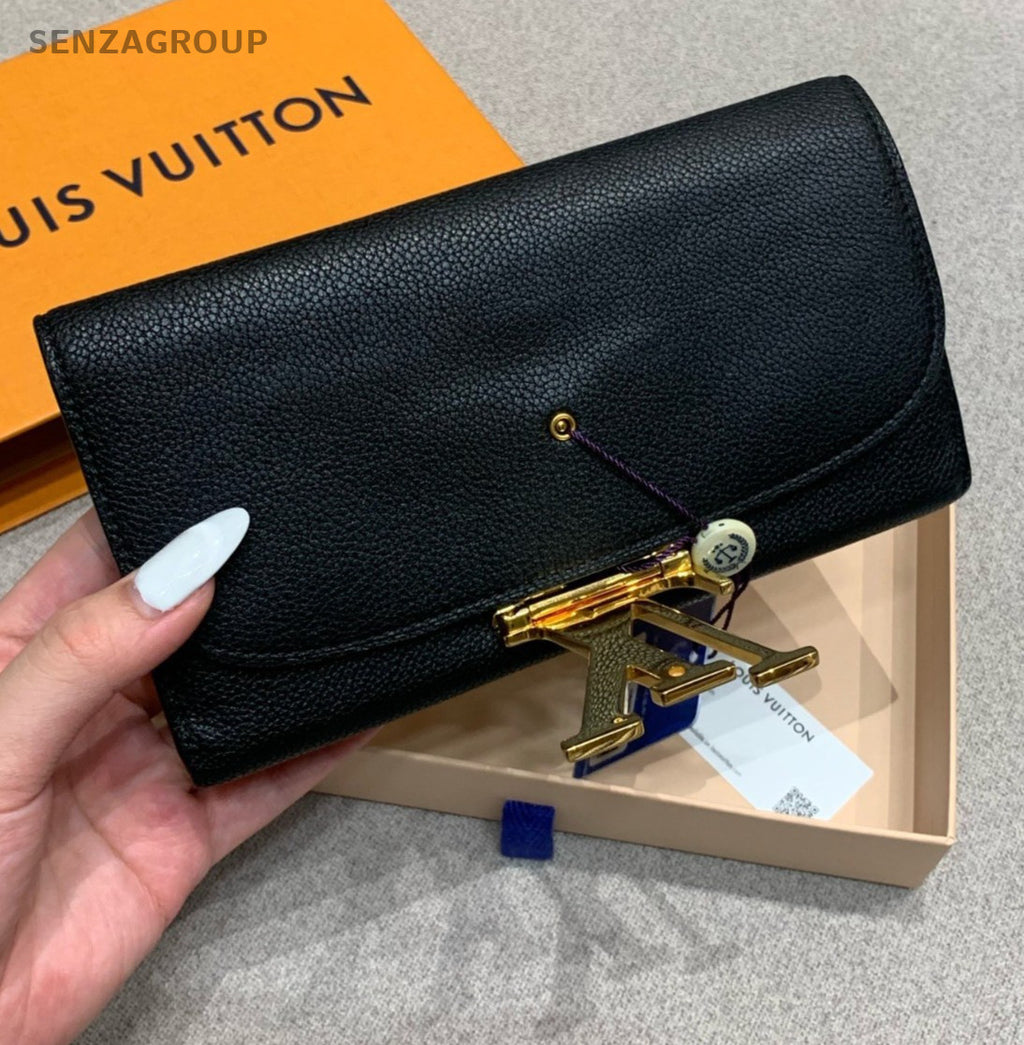 Louis Vuitton Long Wallet All Leather Logo Black Gold