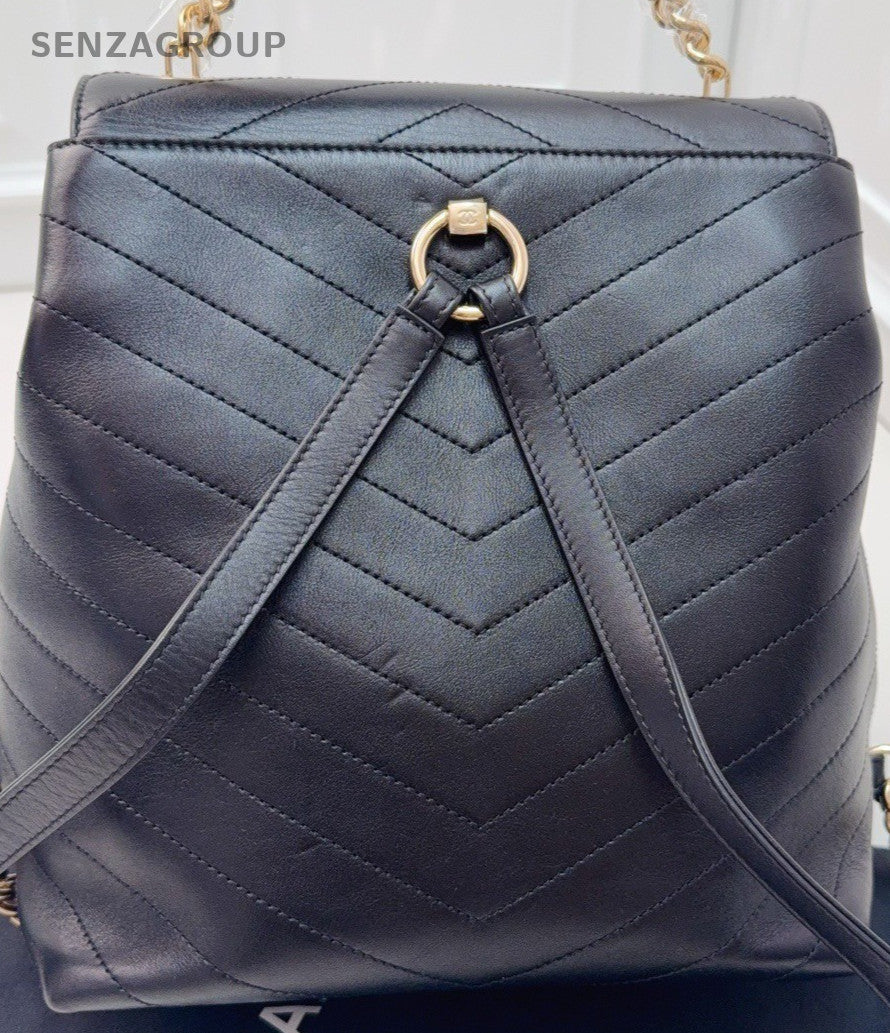 Chanel Calfskin Vintage Backpack Black Gold Used Women Classic Designer