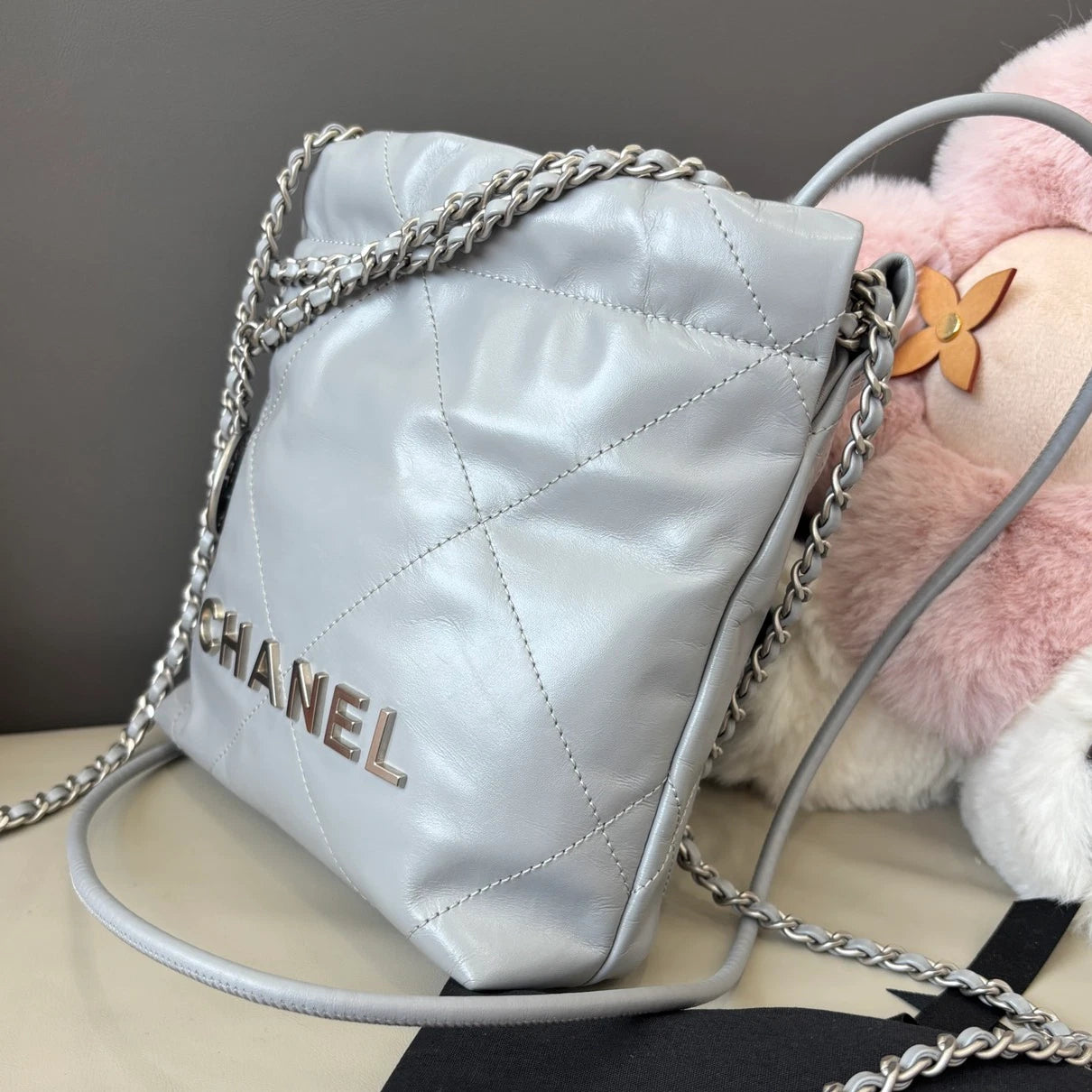 Chanel 22Bag Mini Calfskin Chain Shoulder Crossbody Gray Silver Women Classic