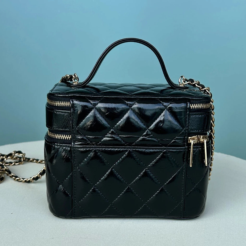 Chanel Diamond Calfskin Chain Top Handle Crossbody Black Gold Women Classic