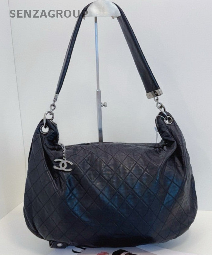 Chanel Hobo Diamond Pattern Chain Shoulder Bag Black Silver Women Classic