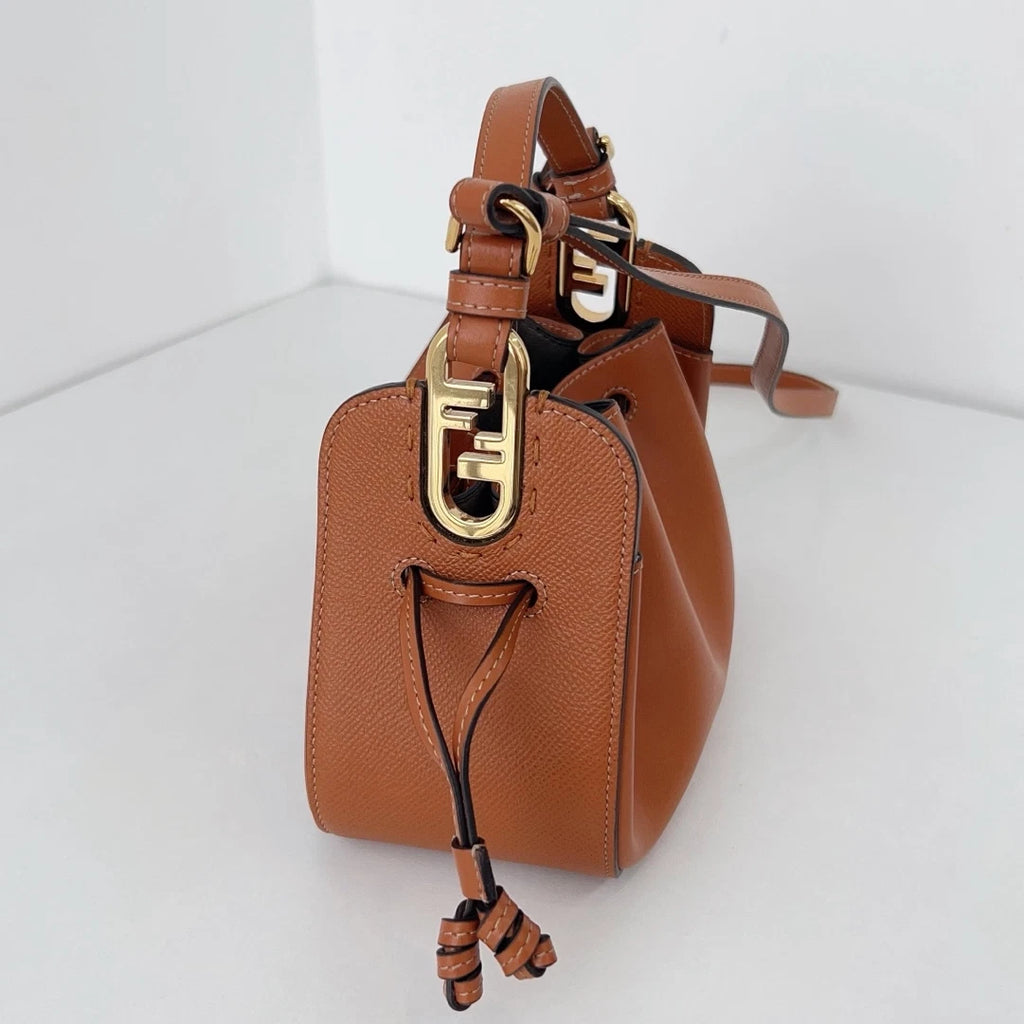 Excellent Fendi Pomodorino Bucket Top Handle Crossbody Bag Brown Gold Hardware