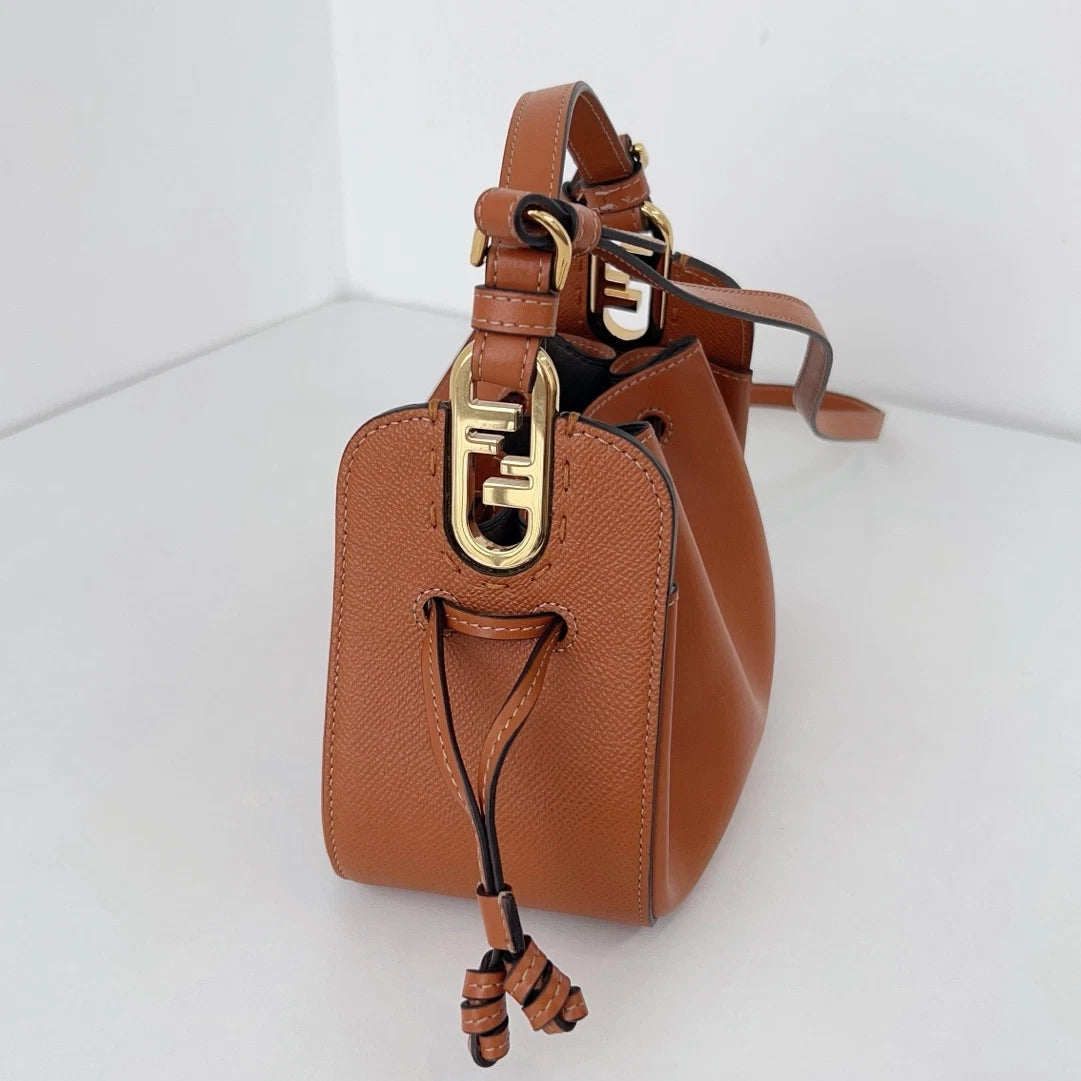 Excellent Fendi Pomodorino Bucket Top Handle Crossbody Bag Brown Gold Hardware