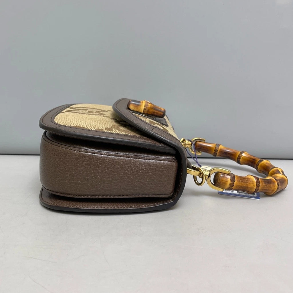 Authentic Gucci Bamboo Canvas Top Handle Crossbody Bag Brown Gold Hardware