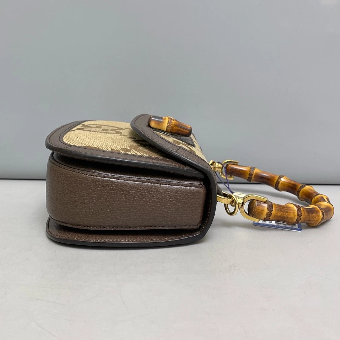 Authentic Gucci Bamboo Canvas Top Handle Crossbody Bag Brown Gold Hardware