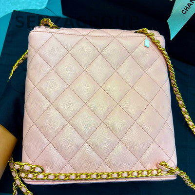 Chanel 23K Pink Quilted Backpack with Gold Chain Strap & CC Logo