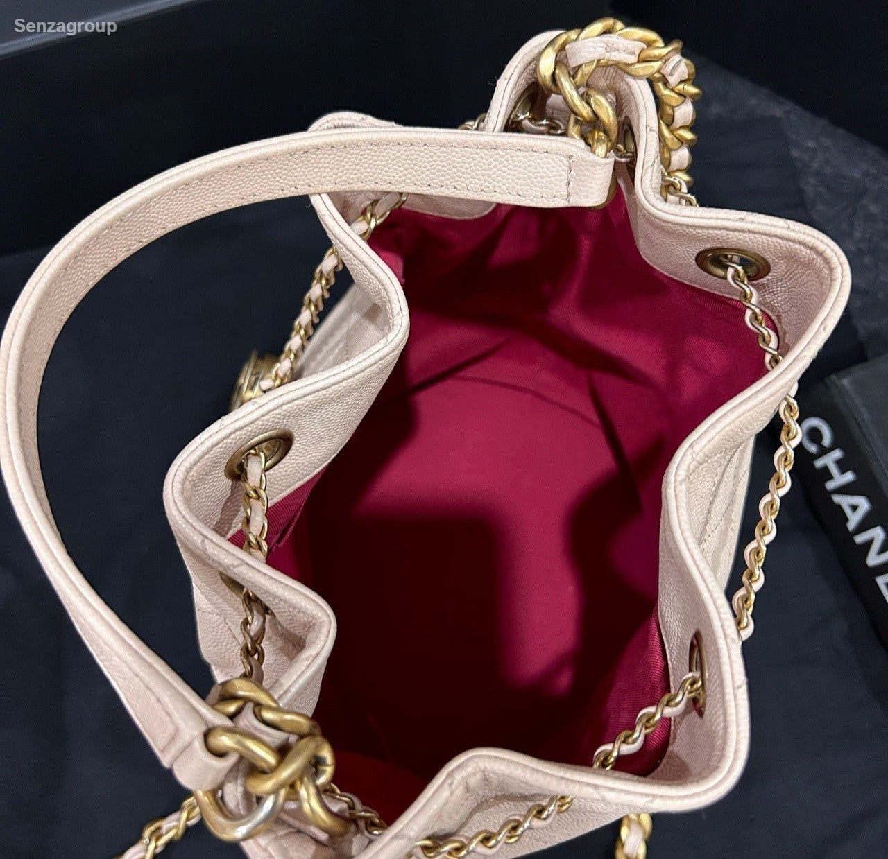 Chanel Diamond Calfskin Bucket Top Handle Chain Crossbody Pink Gold Women